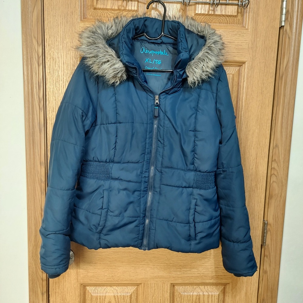 Aeropostale Womens XL Teal Blue Puffer Jacket Faux Fur Hood Quilted Parka Coat